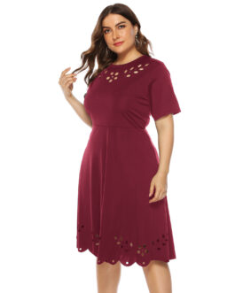 Plus Size Ladies Dress  Women Clothing Burnt Floral Hollow-out Cinched Short Sleeve Large Swing Dress