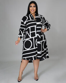 Plus Size Printing Pleating Waist Shirt  Dress for Women