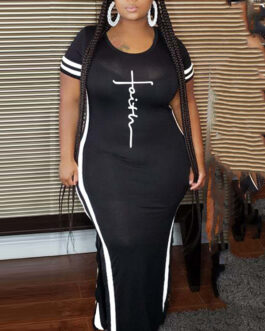 Plus Size Women Clothing Popular Short Sleeve Round Neck Positioning Printing Fashionable Dress Women