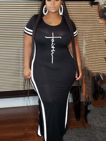 Plus Size Women Clothing Popular Short Sleeve Round Neck Positioning Printing Fashionable Dress Women