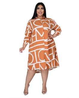 Plus Size Plus Size Printing Collared Long Sleeve Irregular Asymmetric Hem Women Shirt Dress