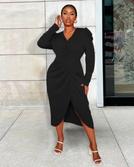 Plus Size Women Clothes Wishv Collar Irregular Asymmetric Draped Dress Long Sleeve Solid Color Split Dress