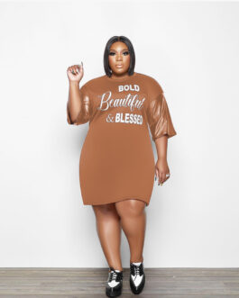 Plus Size Popular Letter Graphic Print Leather Patchwork Sexy Women Clothing Dress