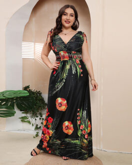 Plus Size Girls  Ice Silk Printed Dress Bohemian plus-Sized  V neck Maxi Dress