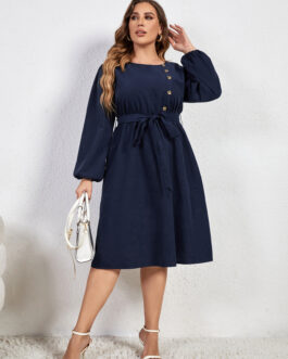Plus Size Solid Color Loose High Waist Lace-up Crew Neck Dress