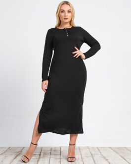 Plus Size Women  Clothing New Long Sleeve Split Knitted V-neck Sexy Slim Dress