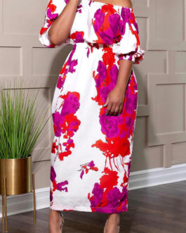 Plus Size Women Clothing Popular Stitching Printing Off Shoulder Cinched Dress
