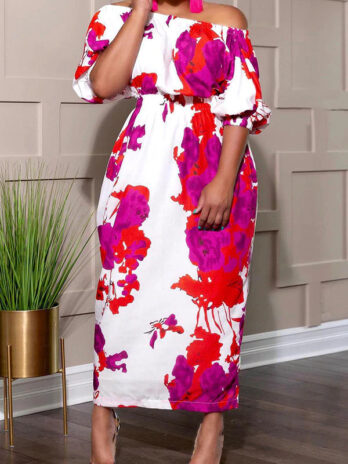 Plus Size Women Clothing Popular Stitching Printing Off Shoulder Cinched Dress