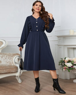 Solid Color Simple Button Lace Sleeve V neck plus Size Dress