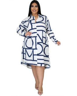 Plus Size Plus Size Printing Collared Long Sleeve Irregular Asymmetric Hem Women Shirt Dress