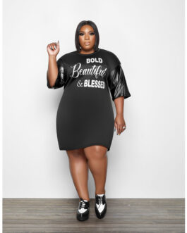 Plus Size Women Nightclub Uniforms Stitching Letter Graphic Leather Sleeve T-shirt Dress