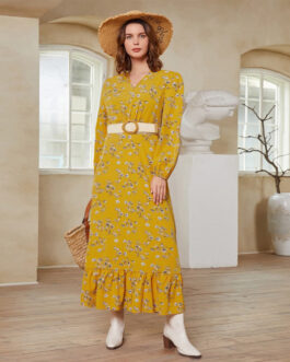 Year V neck Regular Sleeve Long Sleeve Printed Maxi Dress
