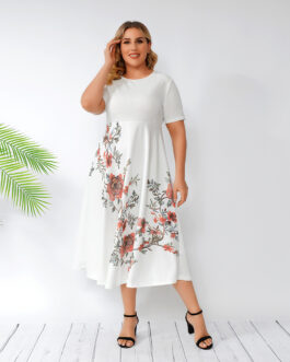 Plus Size Women Clothing  Printed Solid Color Maxi Dress High Waist Slim Fit Ruffled  Women Clothing
