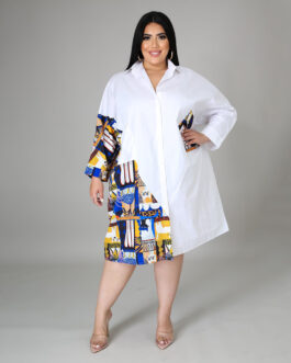 Plus Size Women Shirt Dress Loose Summer Printing Stitching Office Characteristic