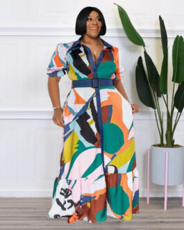 Plus Size Summer  Color Printing with Belt Loose  Women Clothing Dress
