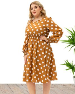 Plus Size Autumn  Women Clothes Long Sleeve Polka Dot Midi Dress Smocking Dress