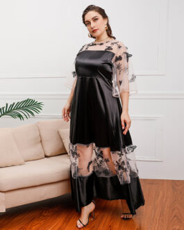 Plus Size French Royal Mesh Stitching Lace Girls Wearable Mid-Length Dress Ogen Mesh Banquet Dress