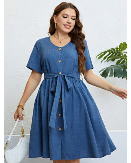 Plus Size Summer Blue Denim Lace up Waist Controlled Dress for Women
