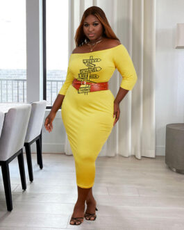 Plus Size Women  Clothing Off Shoulder Dress Spring Autumn Logo Solid Color Half Sleeve Pullover Maxi Dress Women