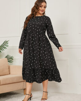 Plus Size Autumn Winter Printing Long-Sleeve round-Collar Dress