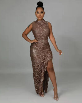 Plus Size Sexy Women Wear Sequin Sleeveless Tight Split Pleating Formal Dress