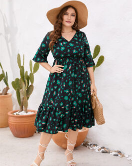 Plus Size Women Clothing Summer V Neck Short Sleeve Ruffled Elastic Waist Dress