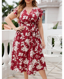Summer V neck Belt Plus Size Red Dress