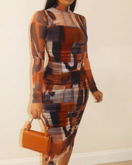 Plus Size Spring/Summer New  Long Sleeve Personalized Printed Hip Dress  Dress