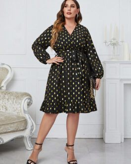 Plus Size High Waist V-neck Black Polka Dot Middle East Lace Printing Women Dress
