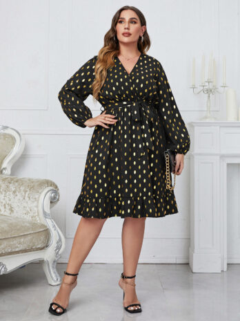 Plus Size High Waist V-neck Black Polka Dot Middle East Lace Printing Women Dress