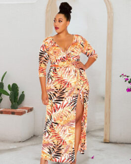 Plus Size Women Clothes Dress V-neck Sleeves Split Expansion Dress Milk Silk Dress