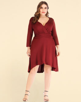 Plus Size Summer Women V-neck Tight Waist Pleated  Dress Elegant  Women Clothes
