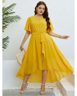 Popular Summer Yellow V neck Lace up Waist Controlled Dress Women