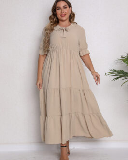 Plus Size Women Summer round Neck Short Sleeve Bow Dress