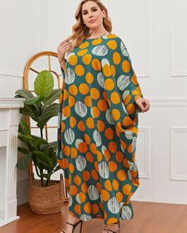 Plus Size Women Loose Casual Green Polka Dot Batwing Sleeve Dress Robe