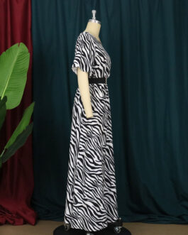 Sexy Oblique Shoulder Short Sleeve Leopard Print with Belt Slim Fit Party Large Swing Dress Women Dress Maxi Dress Dress Dress