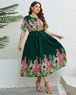 Popular Summer Green Printing Lace up Waist Controlled Dress Women
