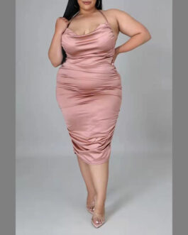 Plus Size Women Clothes Solid Color Stretch Satin Office Loose French Dress One-Step Dress Women Clothing
