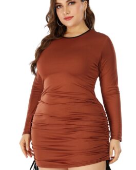 Plus Size Spring Summer  Women Clothes round Neck Long Sleeve Color Matching Drawstring Bag Hip Dress
