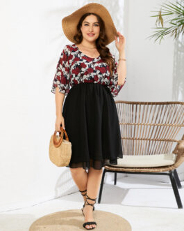 Plus Size Printed Dress Woman Waist Tight Chiffon Dress
