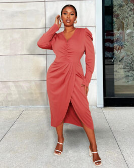 Plus Size Women Clothes Wishv Collar Irregular Asymmetric Draped Dress Long Sleeve Solid Color Split Dress