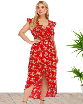 Plus Size Summer  Women Clothes V-neck Printed Dress Beach Dress