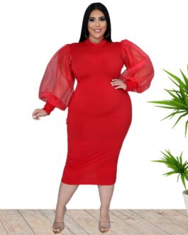 Plus Size Women Clothes Spring round Neck Slim Fit Puff Sleeve Midi Dress