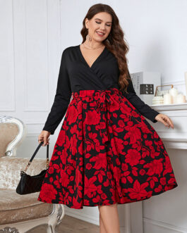 Designed Graceful plus Size Women Printing High Waist Stitching Wide Hem Bubble Dersses