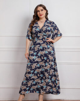 Plus Size Summer  Women V neck Girls Printed Short Sleeve Dress