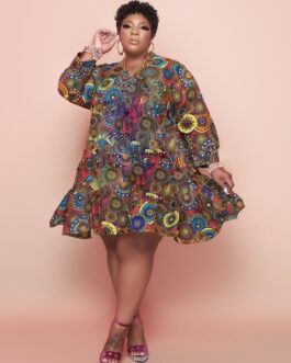 Plus Size Autumn  Loose Printed V Neck Long Sleeve  Dress
