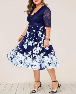 Plus Size Dress Printed V-neck Lace Stitching Banquet Party  Women Clothing Dress