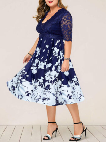 Plus Size Dress Printed V-neck Lace Stitching Banquet Party  Women Clothing Dress