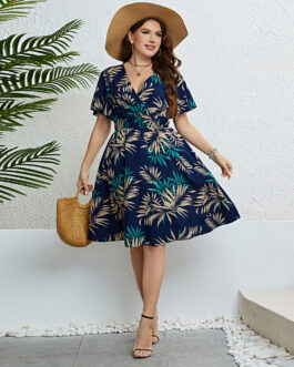 Plus Size Summer V neck Smocking Waist Slimming Dress for Women
