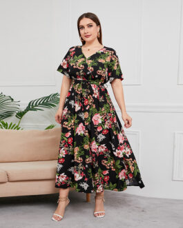 Plus Size High Waist Western V-neck Midi Dress Printed Black Sexy Trendy Dress